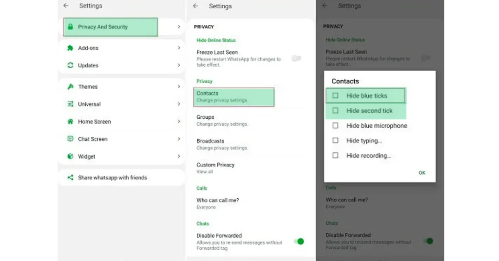 Como ocultar os tiques azuis no WhatsApp GB